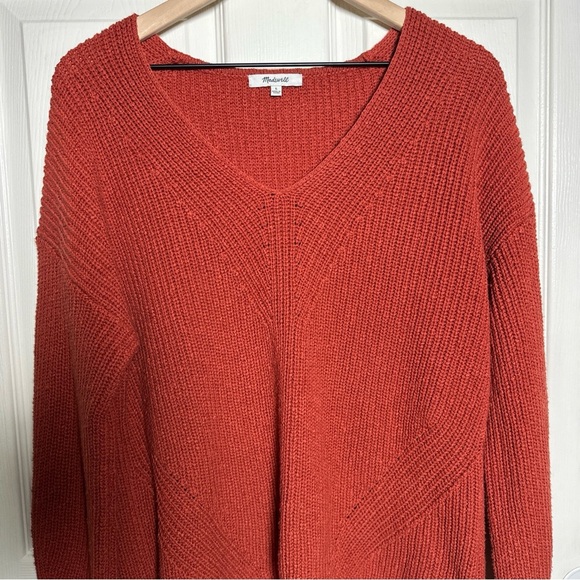Madewell Ridgeton Large Pullover Sweater Burnt Orange Chunky Knit V-Neck Top - Picture 3 of 10